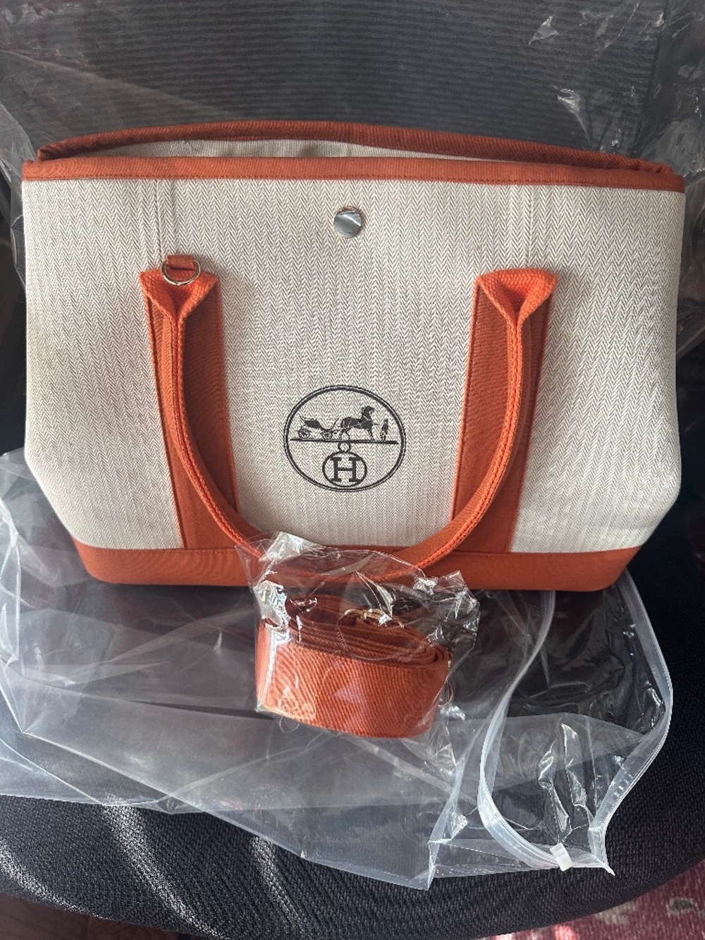 Hermes Canvas Tote in Cream with Orange Trim